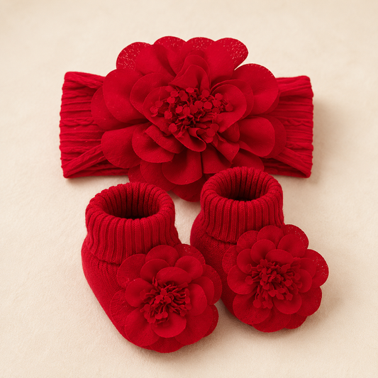 Ensemble « Petite Fleur » — Chaussons & bandeau assorti