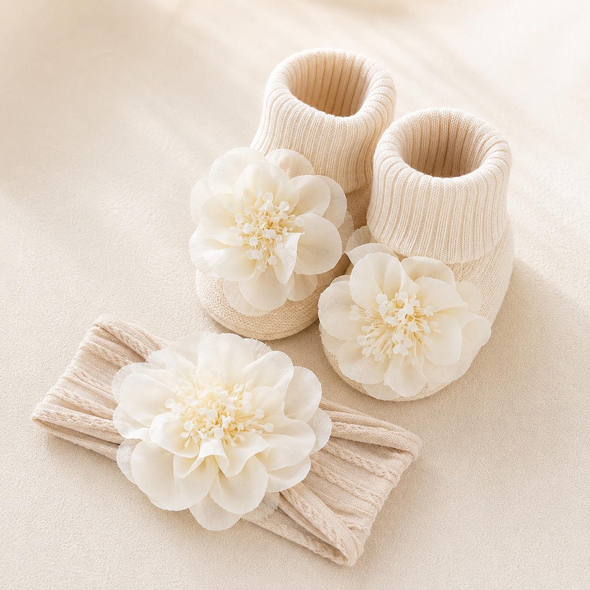 Ensemble « Petite Fleur » — Chaussons & bandeau assorti