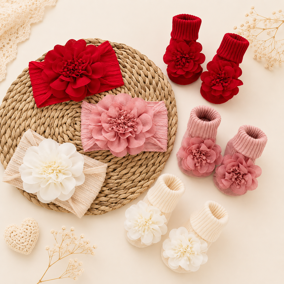 Ensemble « Petite Fleur » — Chaussons & bandeau assorti