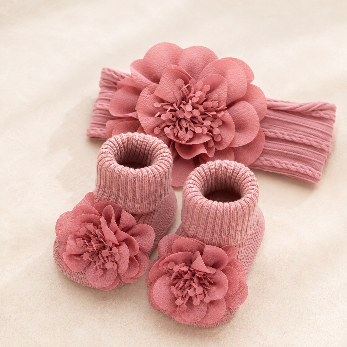 Ensemble « Petite Fleur » — Chaussons & bandeau assorti