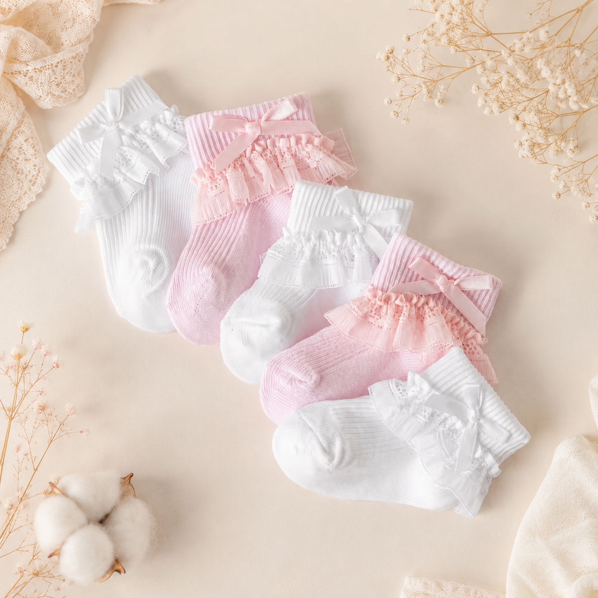 Les Délicates - Lot de 5 chaussettes bébé à dentelle